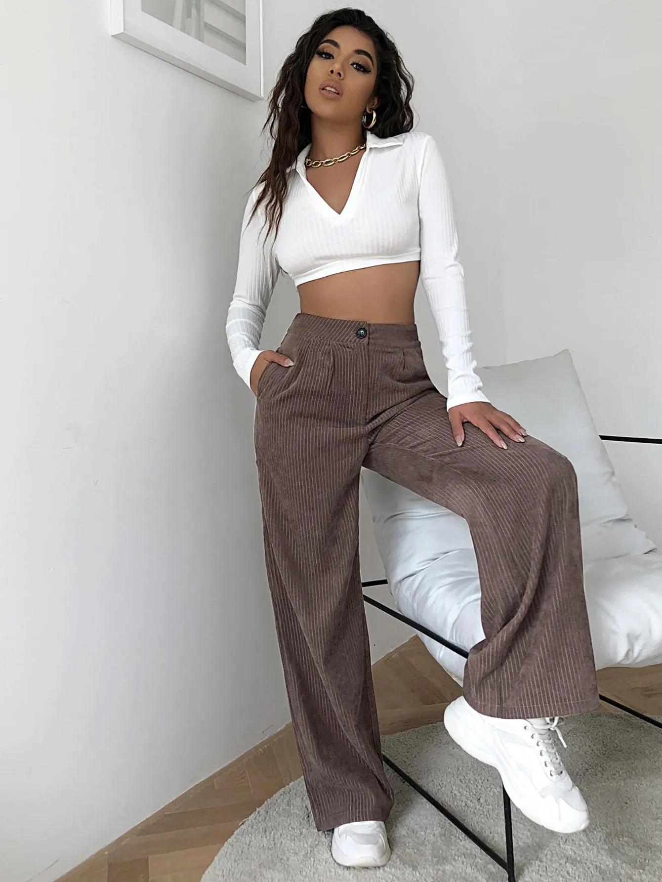 High Waist Cord Wide Leg Pants