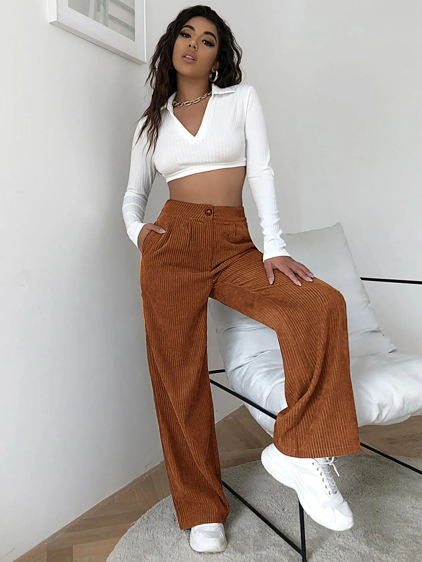 High Waist Cord Wide Leg Pants