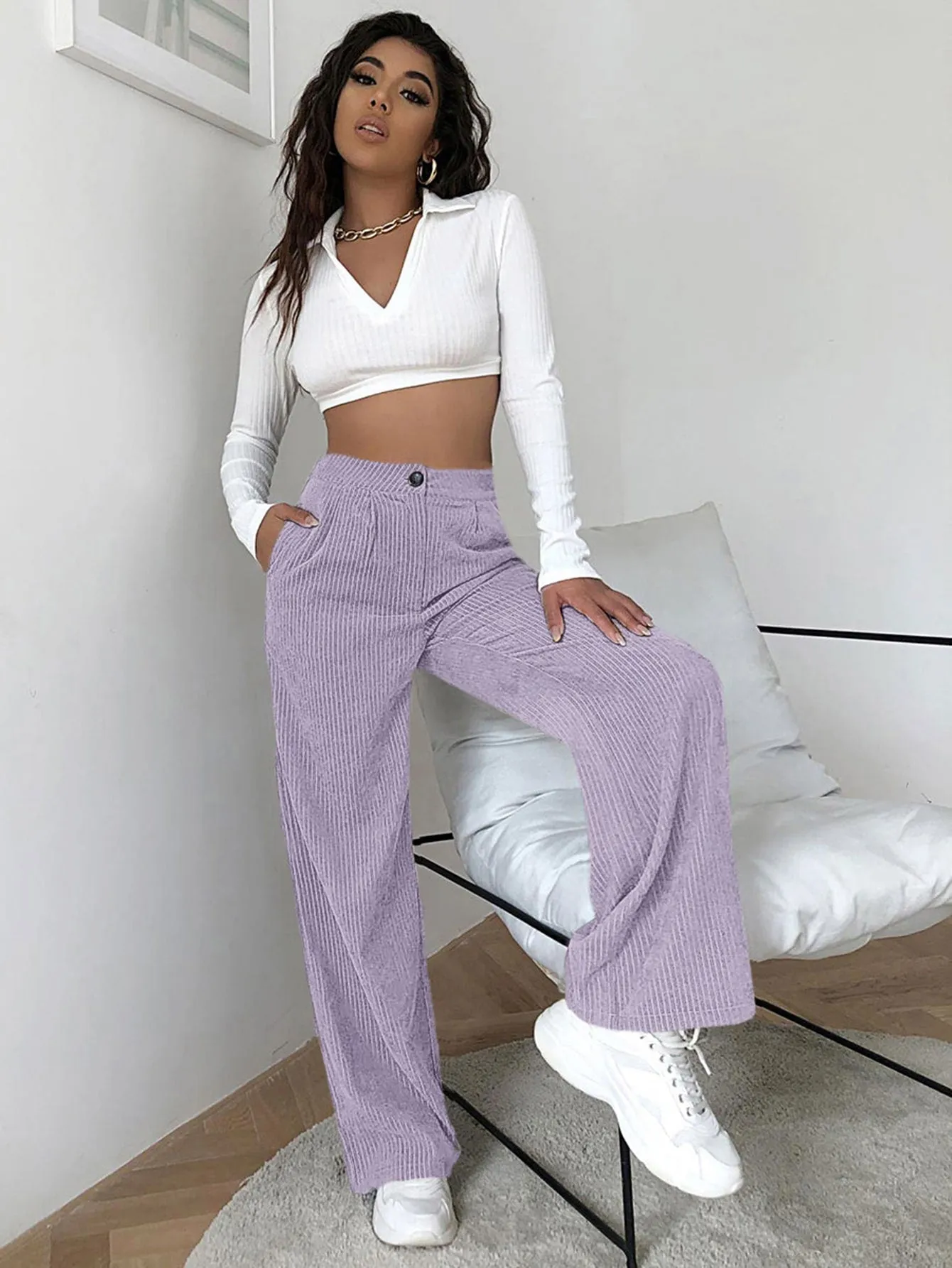 High Waist Cord Wide Leg Pants