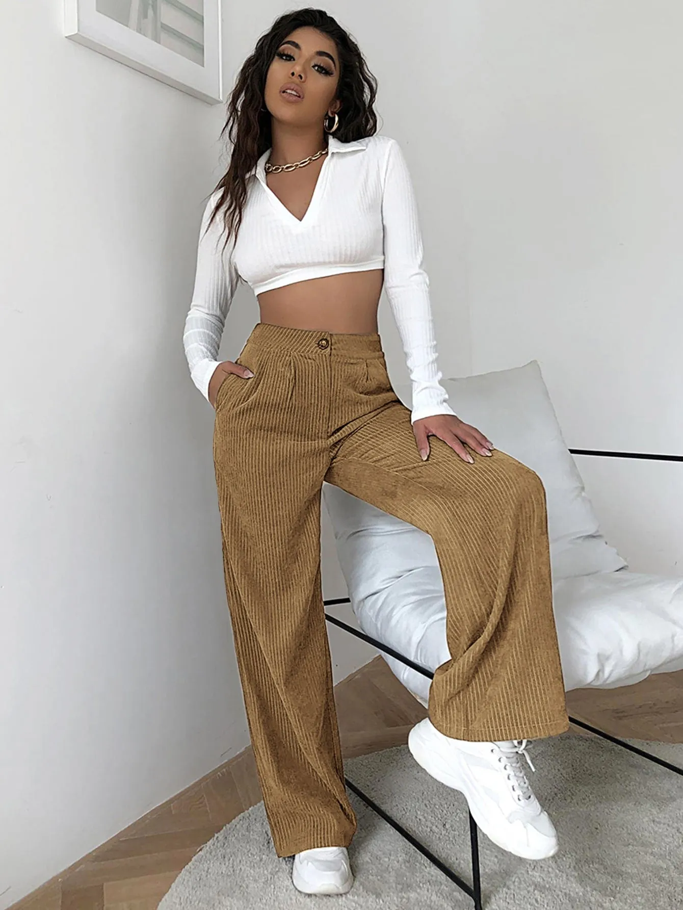 High Waist Cord Wide Leg Pants