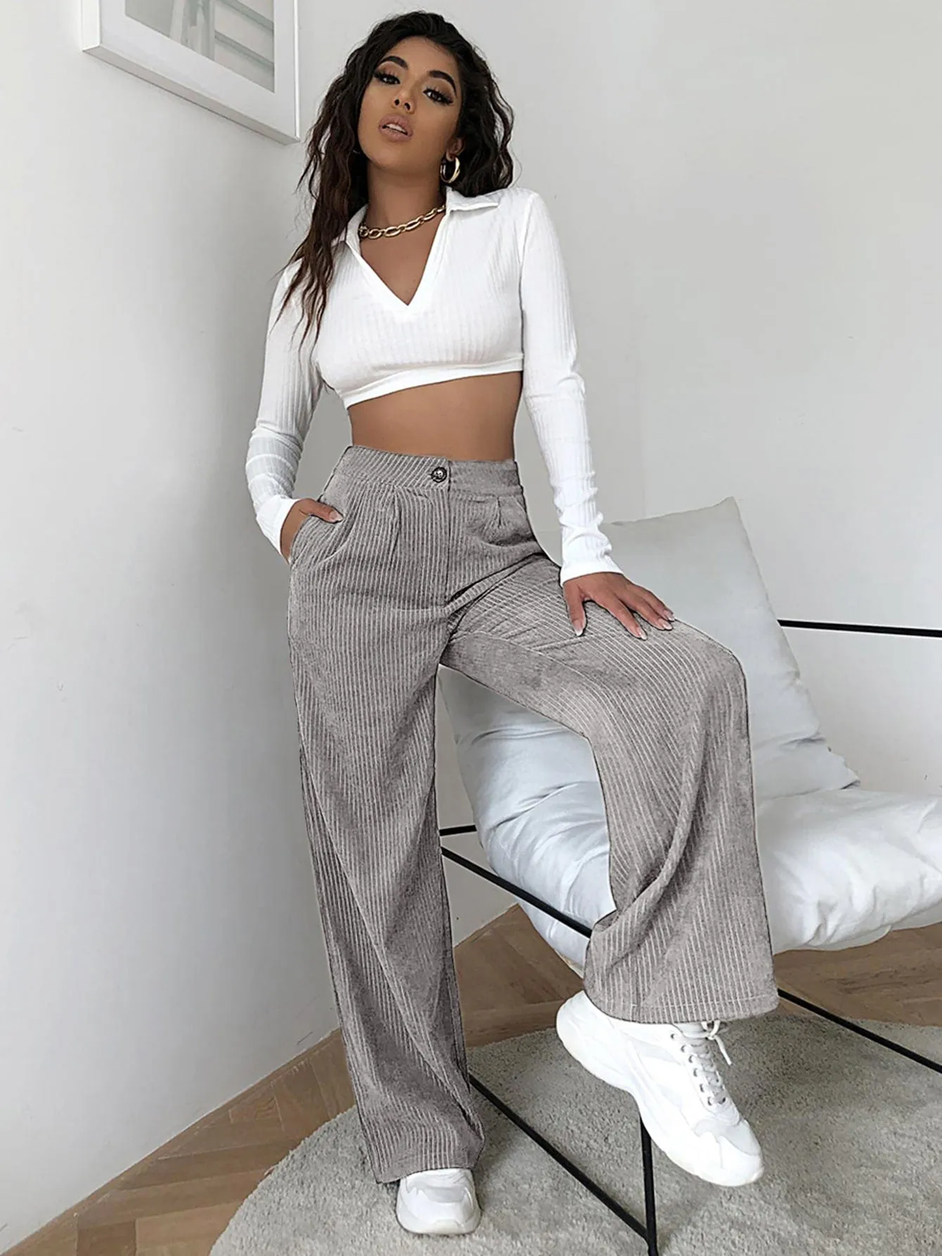 High Waist Cord Wide Leg Pants