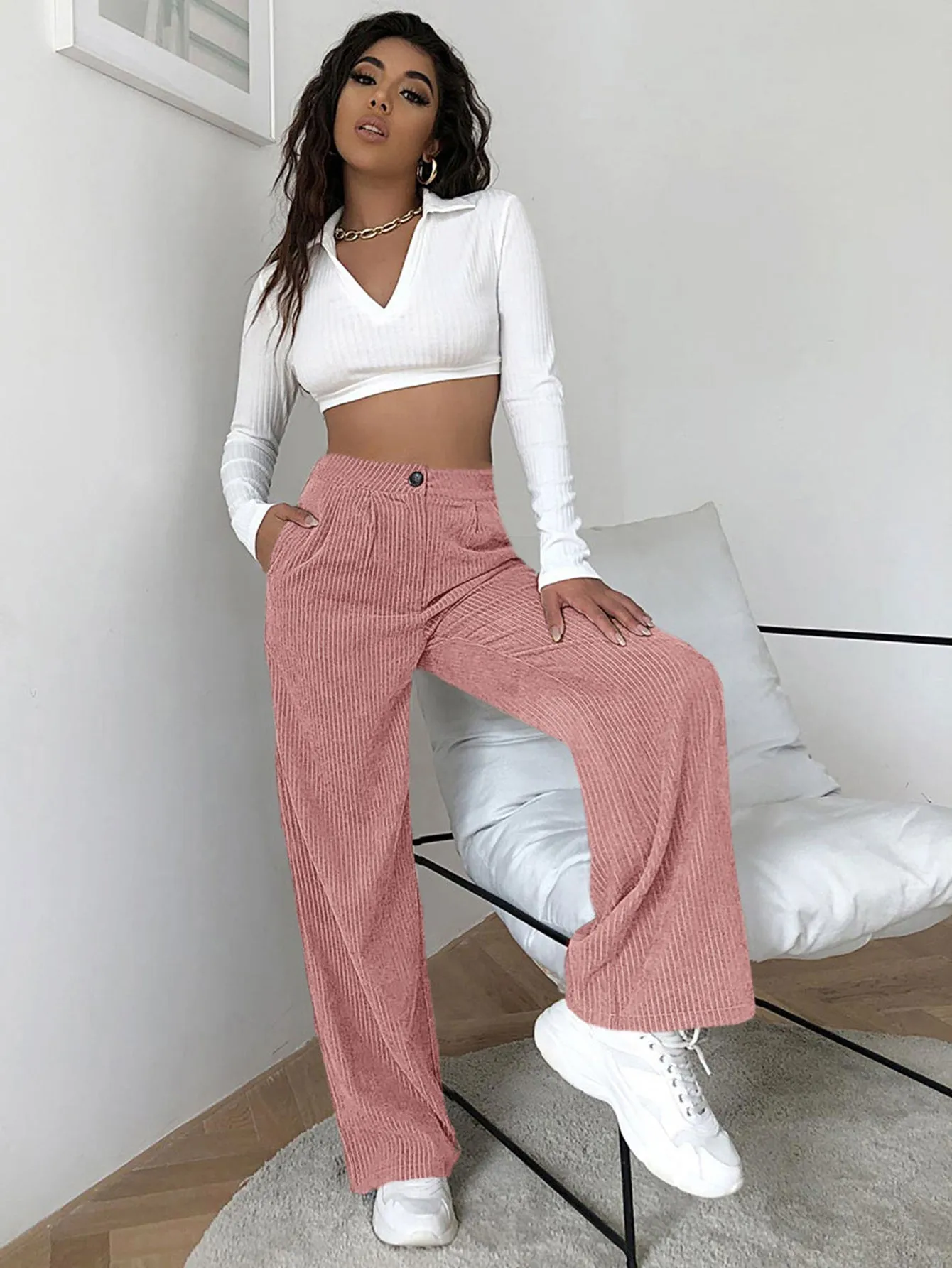 High Waist Cord Wide Leg Pants