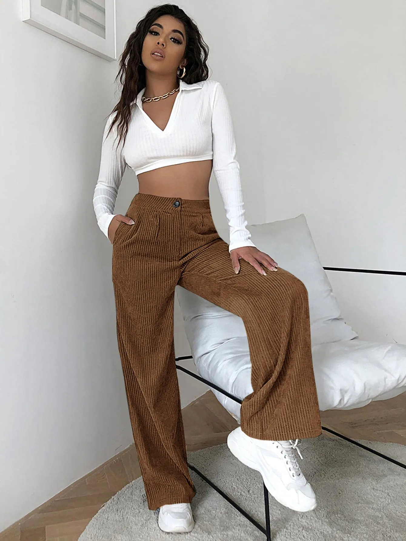 High Waist Cord Wide Leg Pants