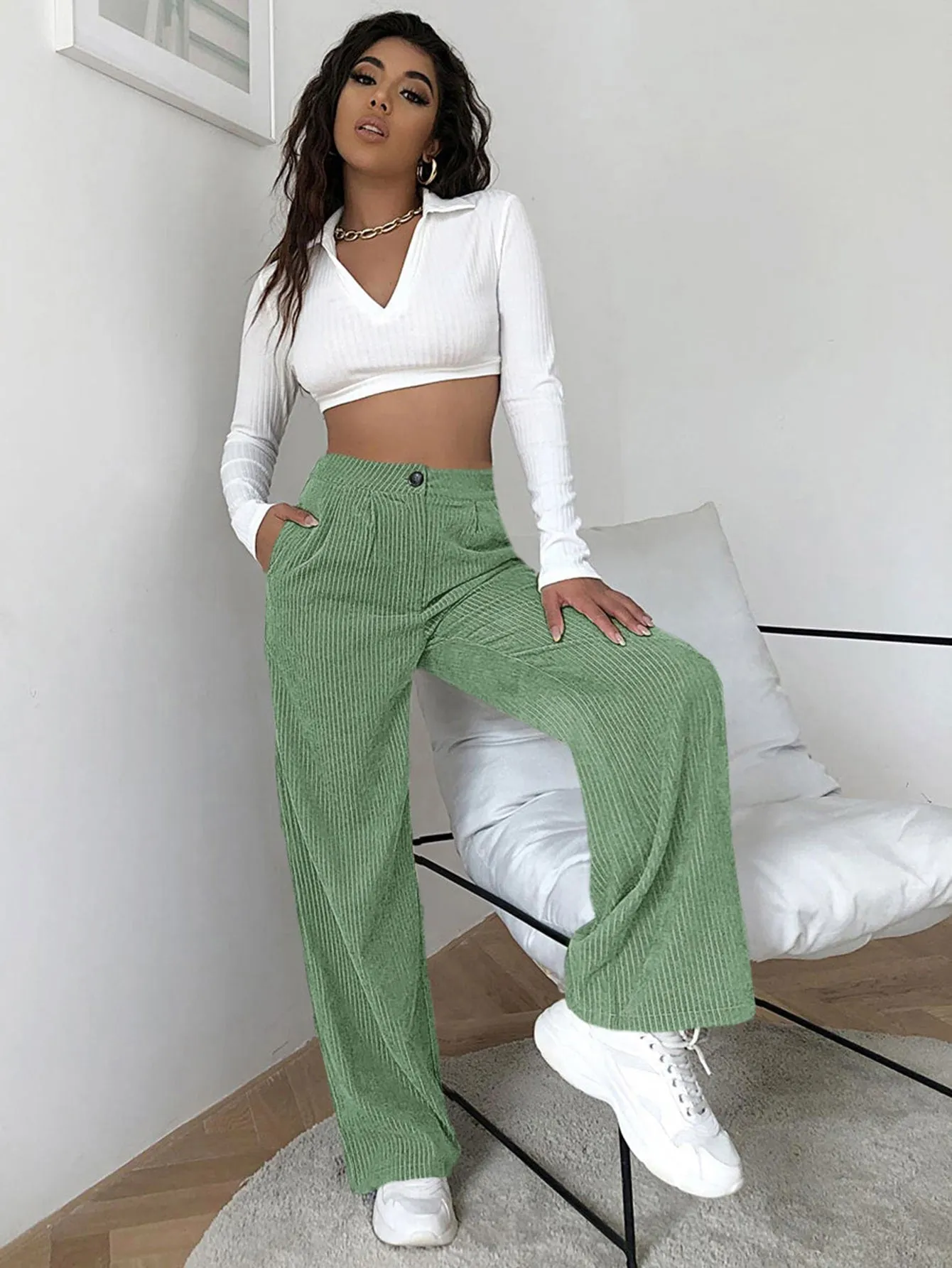 High Waist Cord Wide Leg Pants