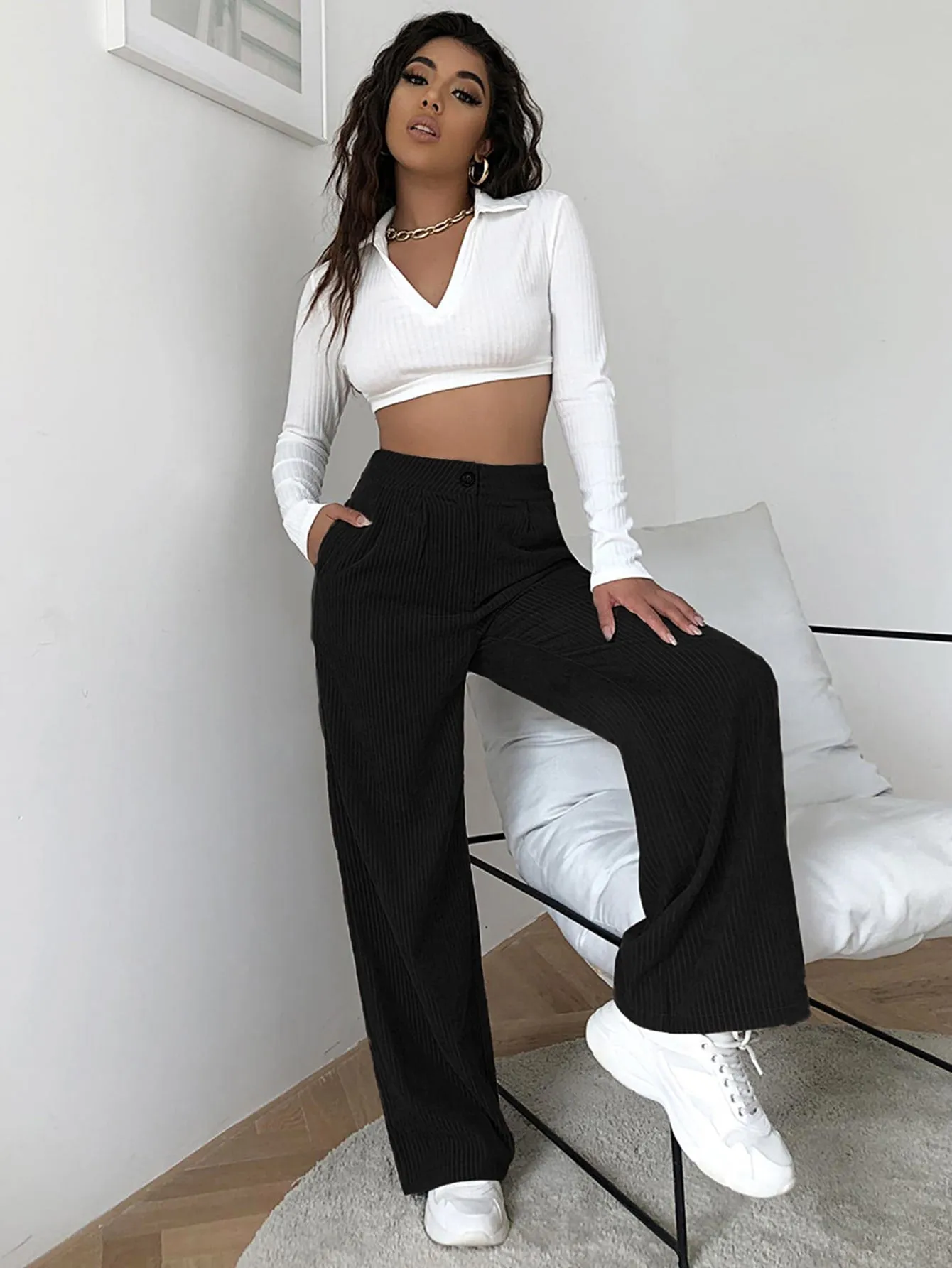 High Waist Cord Wide Leg Pants