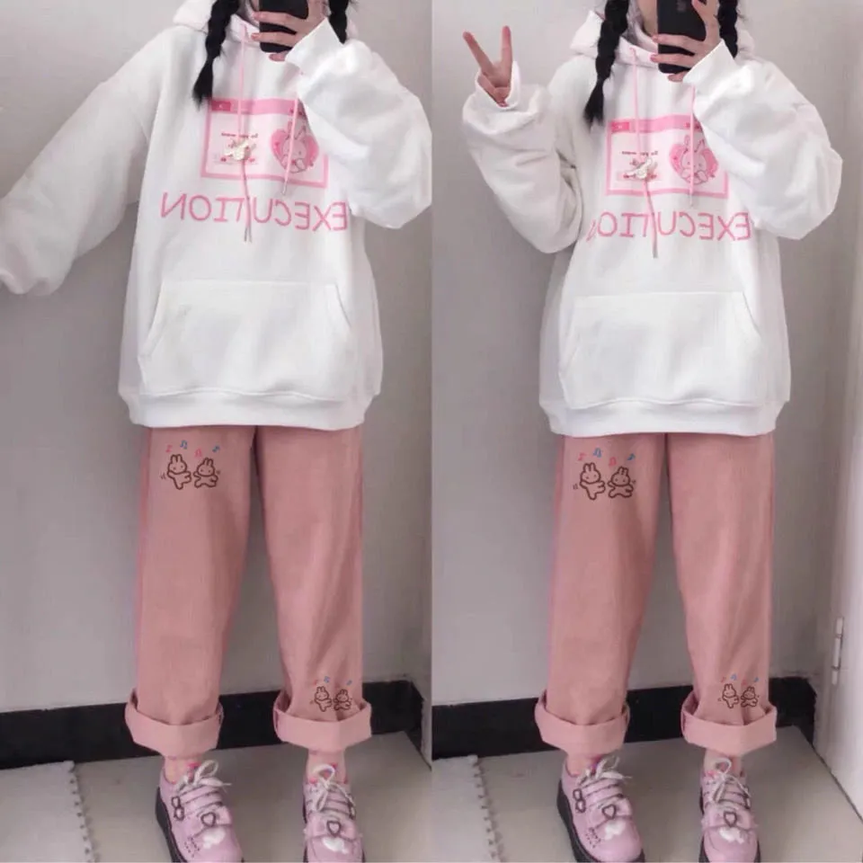 High Waist Cute Cartoon Pink Corduroy Pants