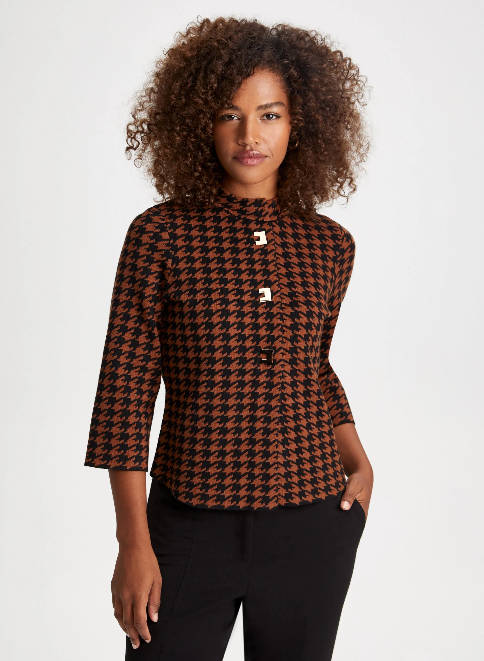 Houndstooth Mock Neck Cardigan