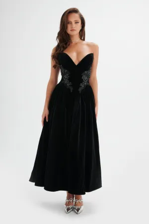 ISOBEL Jewelled Applique Velvet Midi Dress in Black