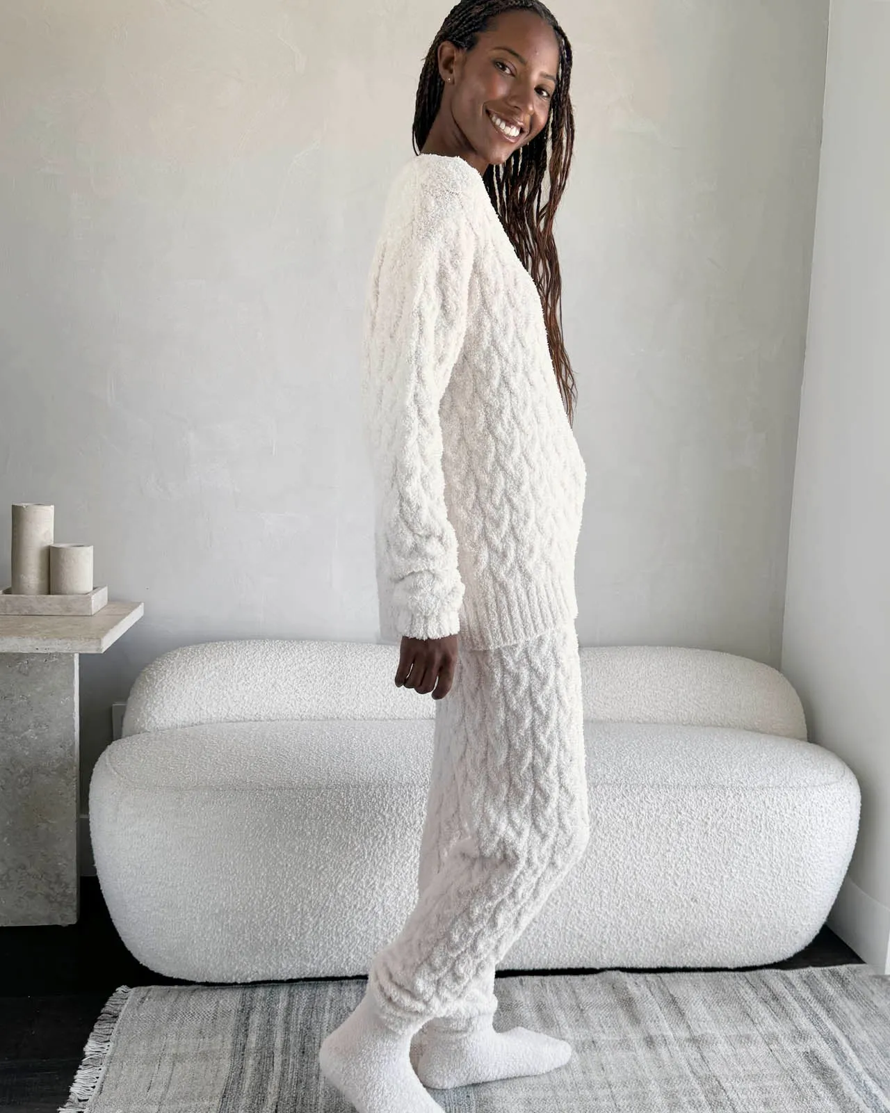 Ivory Fuzzy Cable Knit Sweater PJ Set