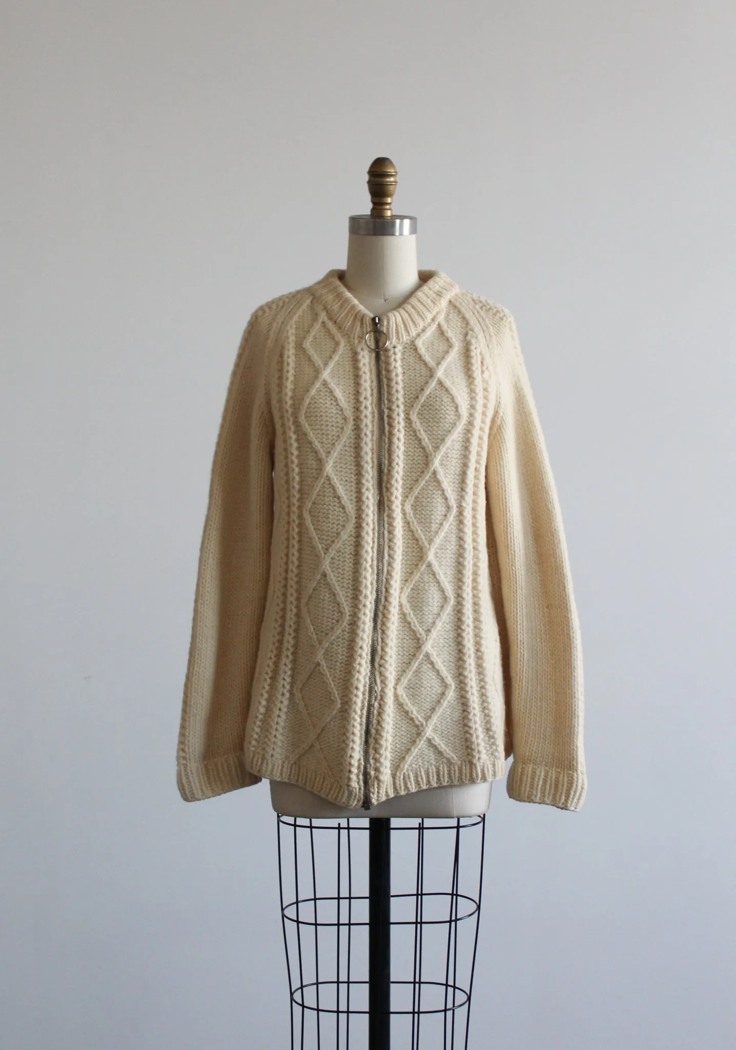 ivory wool zip-front fisherman sweater