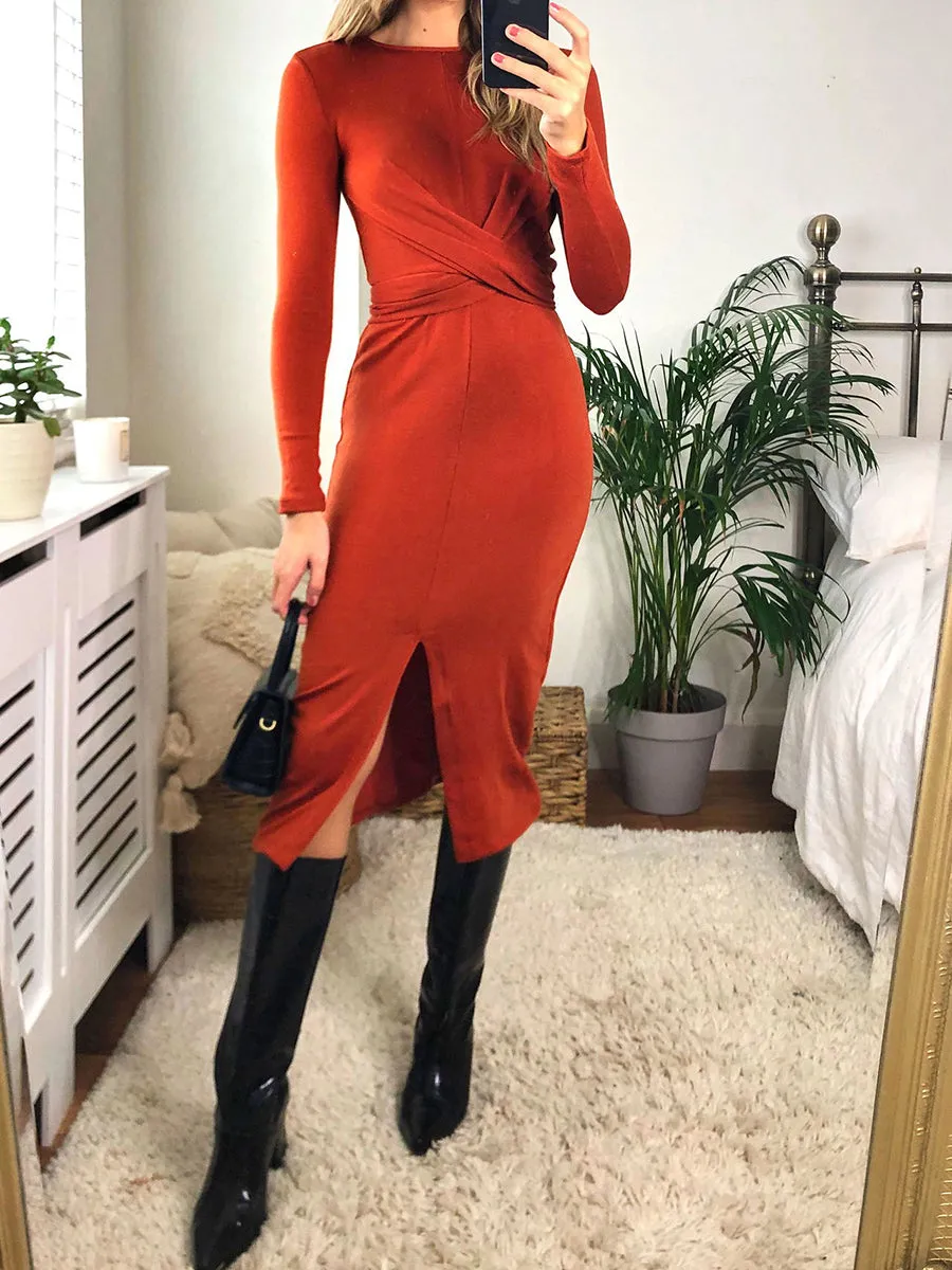 Knitted Long Sleeve Wrap Midi Dress