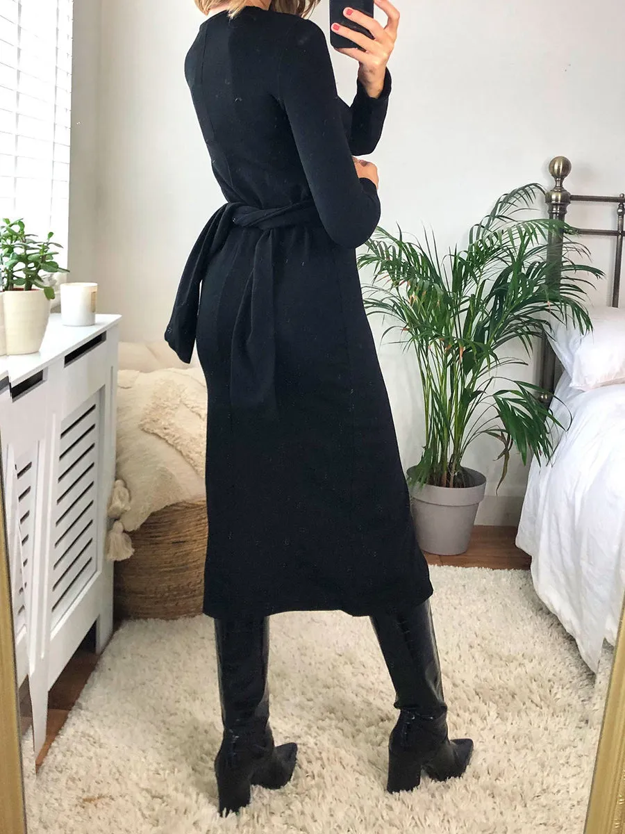 Knitted Long Sleeve Wrap Midi Dress