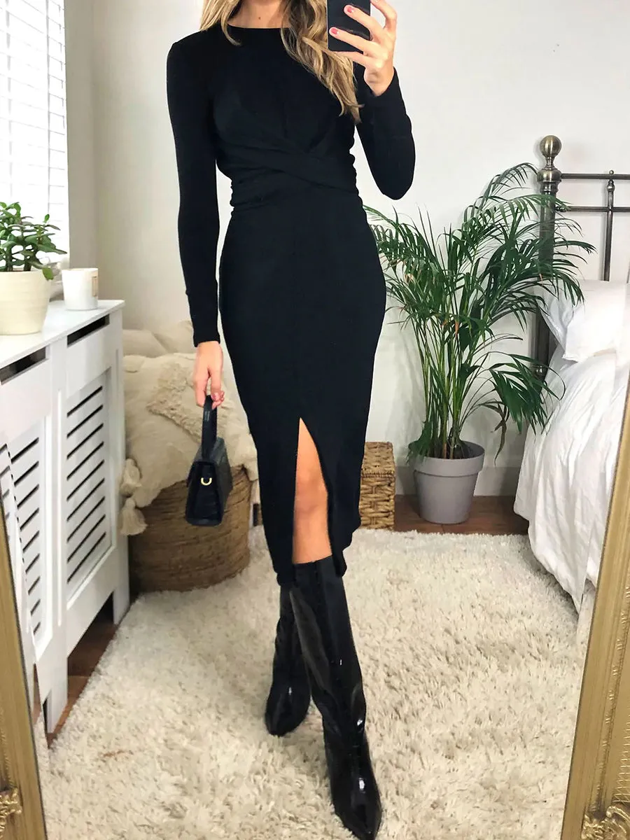 Knitted Long Sleeve Wrap Midi Dress