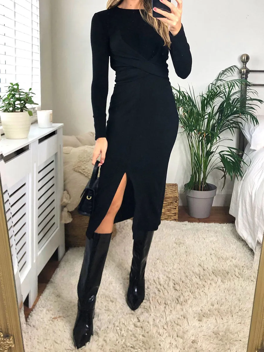 Knitted Long Sleeve Wrap Midi Dress