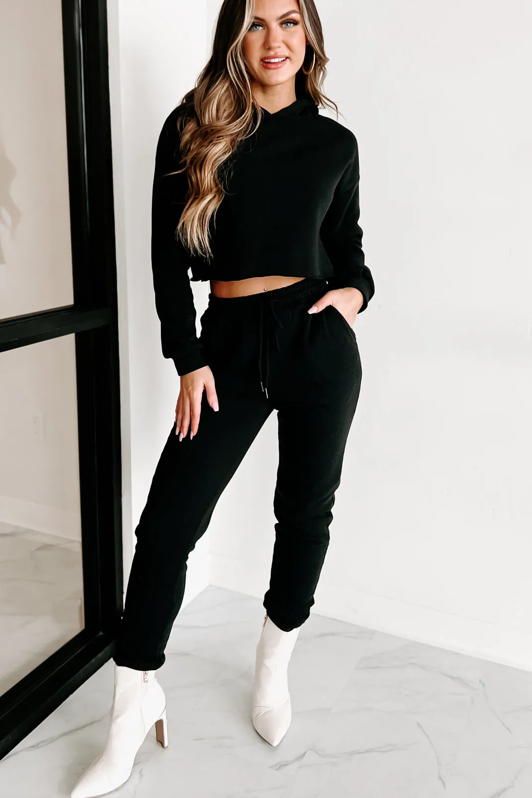 Living Comfortably Crop Hoodie & Joggers Set (Black)