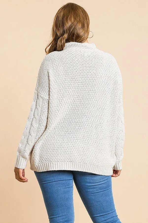 Long Sleeve Cable Knit Mock Neck Pullover Sweater