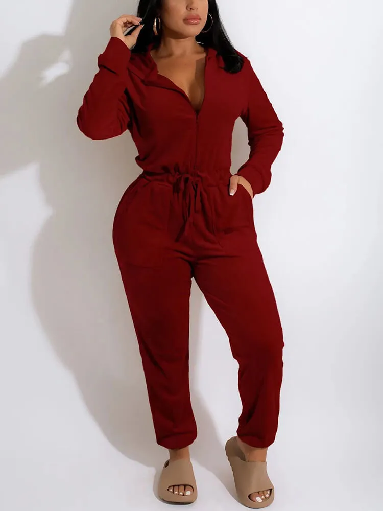 Long Sleeve Drawstring Waist Long Pants Jumpsuits