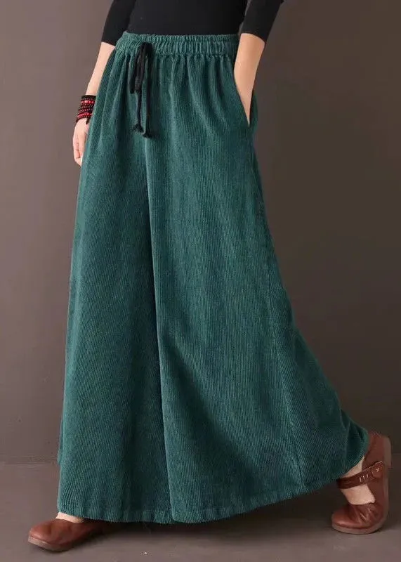 Loose Blackish Green Pockets Patchwork Corduroy Wide Leg Pants Fall ML2567