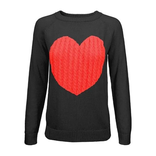 Love Heart Jacquard Round Neck Pullover Sweater