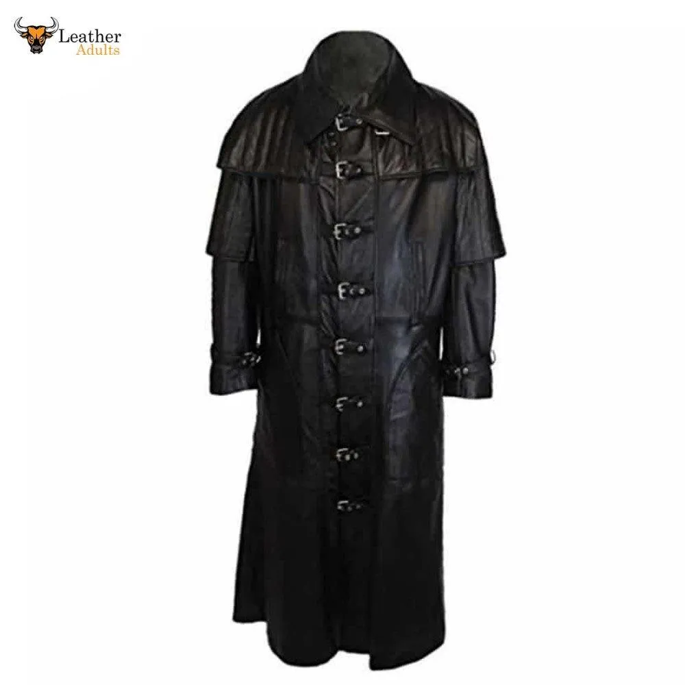 Mens Black Real Cowhide Leather Goth Steampunk Trench Coat Van Helsing Coat Gothic Trench Coat