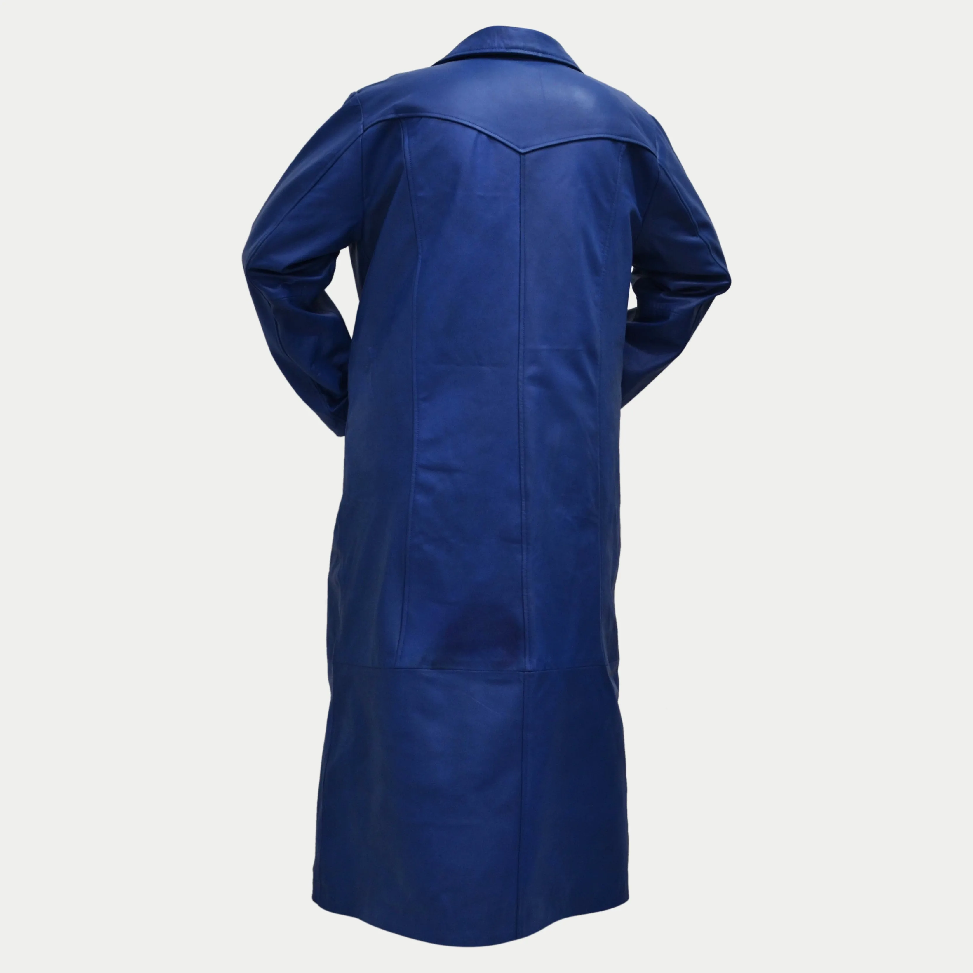 Men's Blue Long Genuine Leather Buttoned Casual Trench Coat