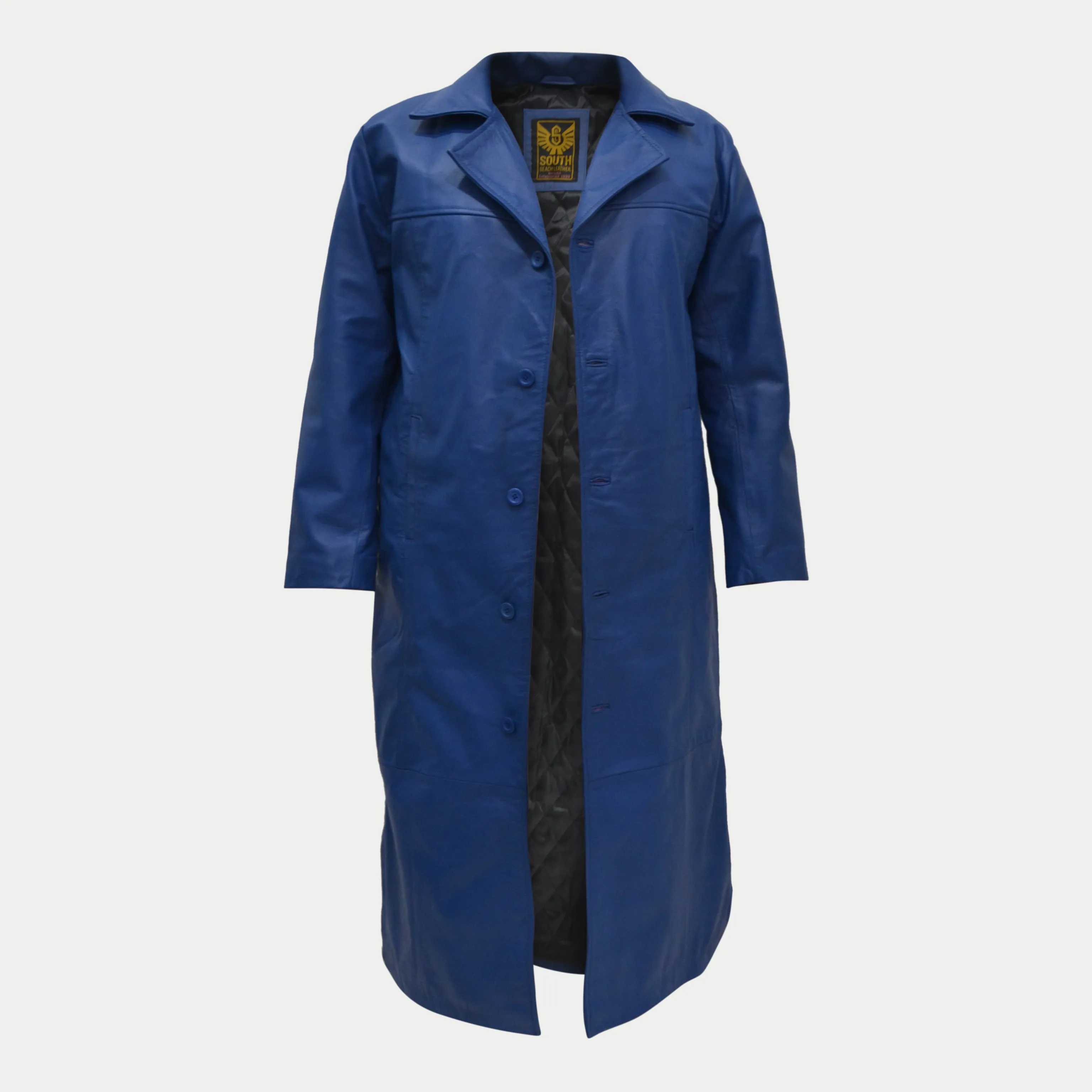 Men's Blue Long Genuine Leather Buttoned Casual Trench Coat