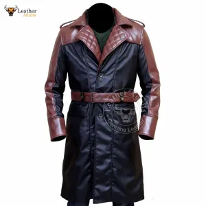 Mens Brown and Black Genuine Cow Leather Duster Quilted Style Steampunk Trench Coat