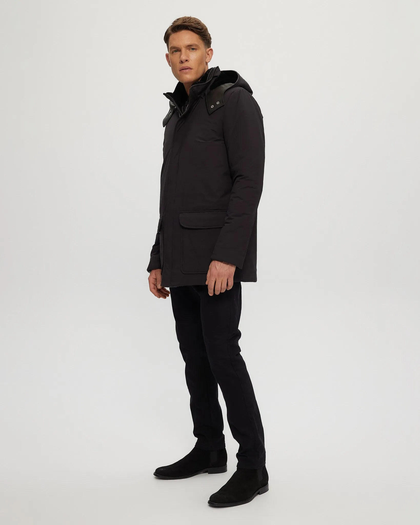 Men's Select Shearling Lamb Lined Parka with Leather Trim and Detachable Select Shearling Lamb Collar and Hood