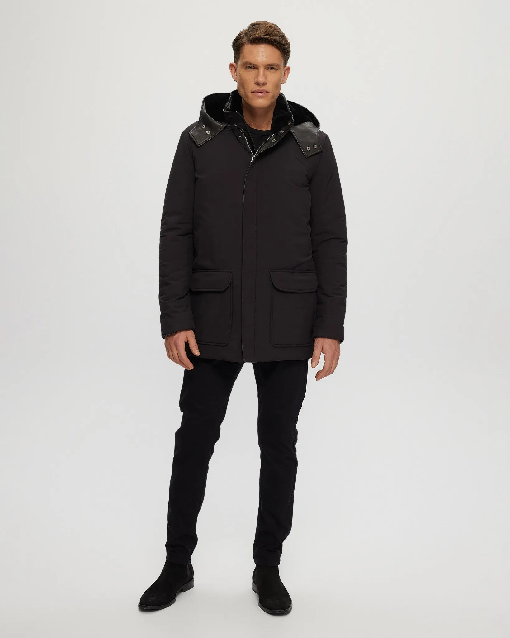 Men's Select Shearling Lamb Lined Parka with Leather Trim and Detachable Select Shearling Lamb Collar and Hood