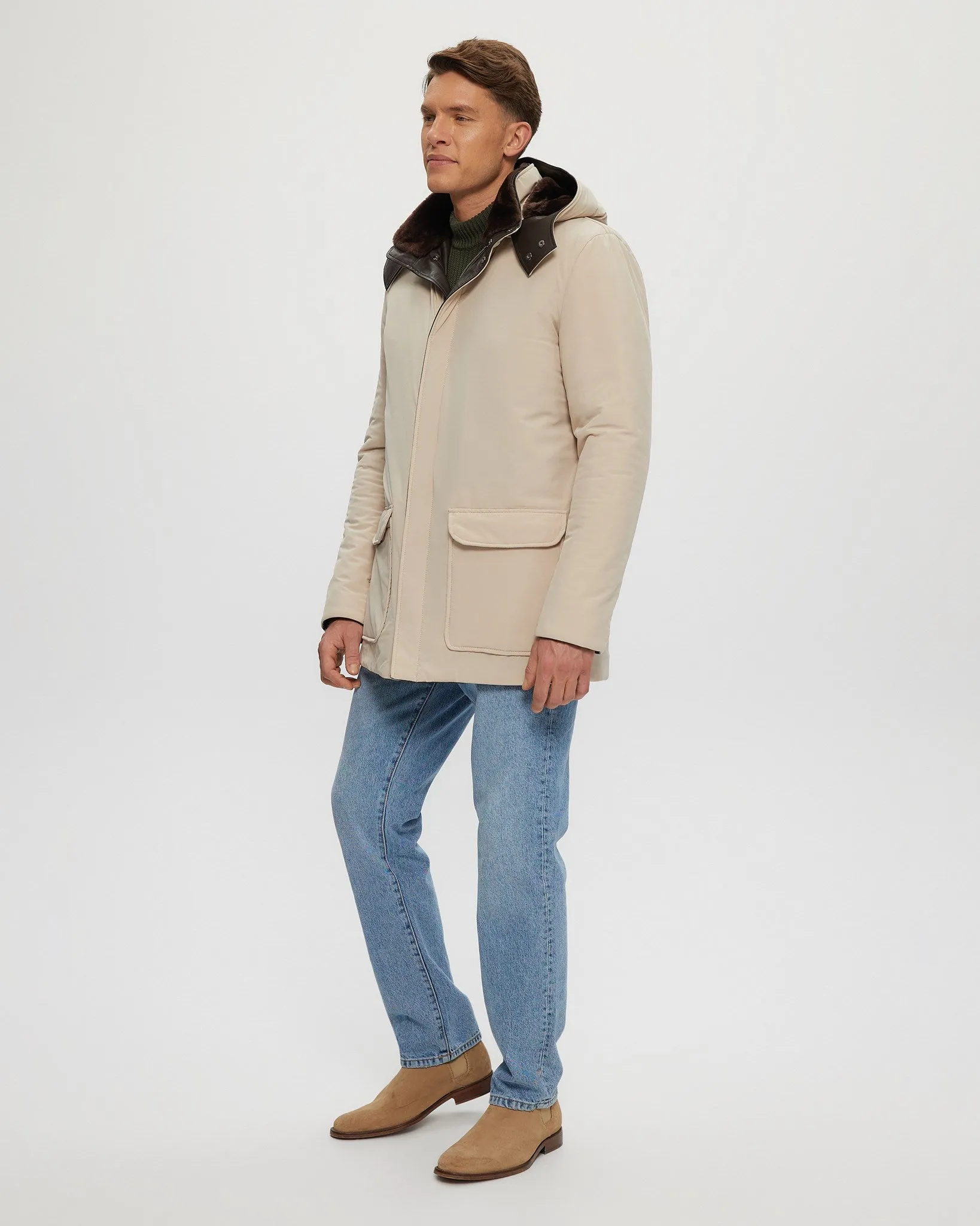 Men's Select Shearling Lamb Lined Parka with Leather Trim and Detachable Select Shearling Lamb Collar and Hood