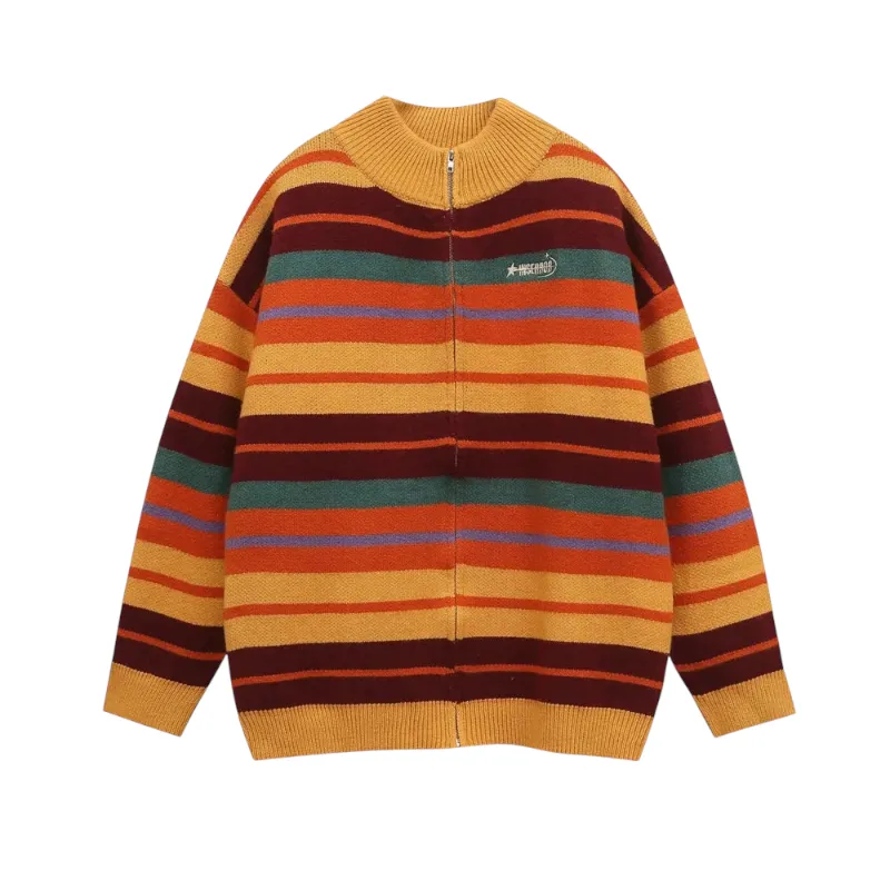 Multi-color stripe zip front cardigan