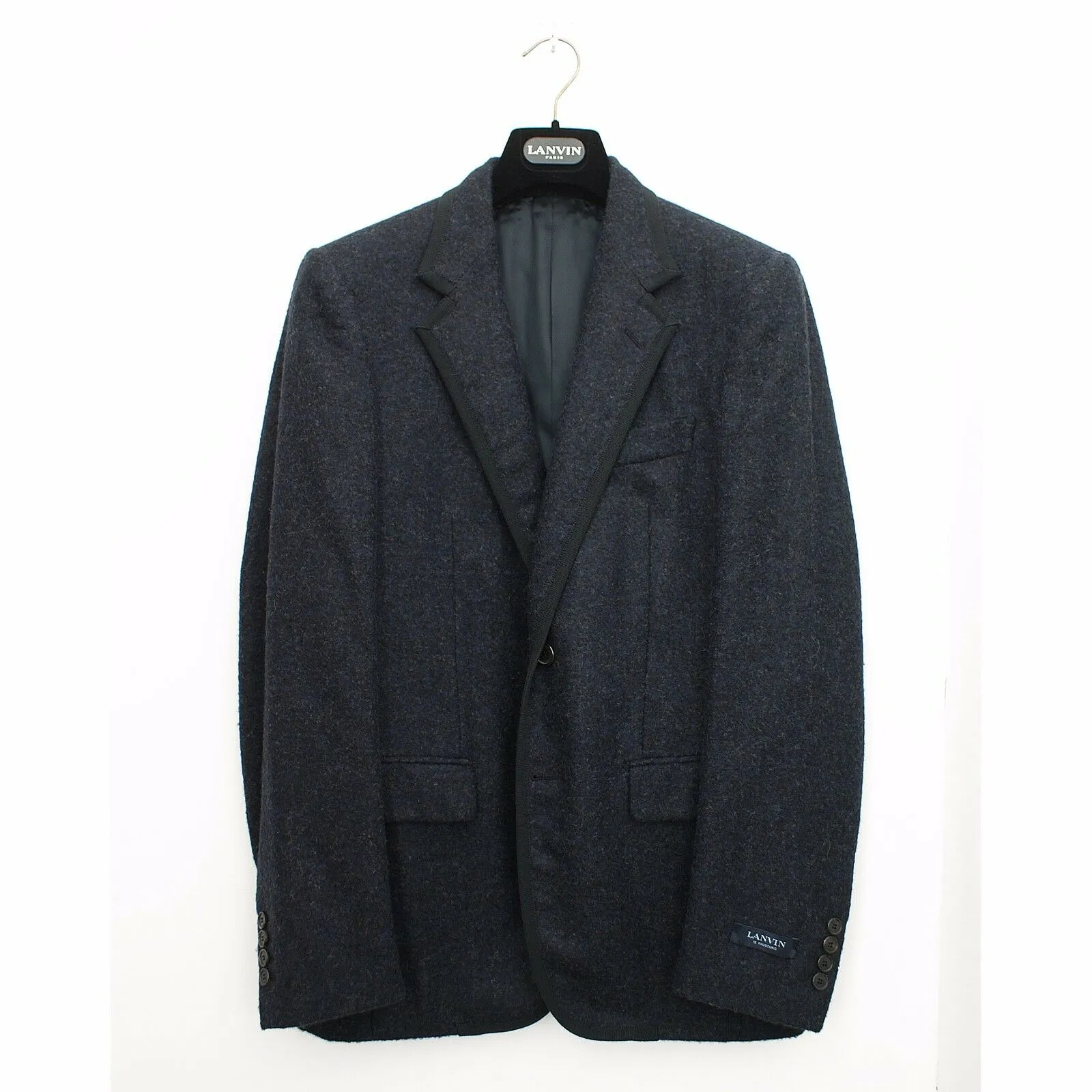 Navy Blue Alpaca Wool Blazer With Trim detail