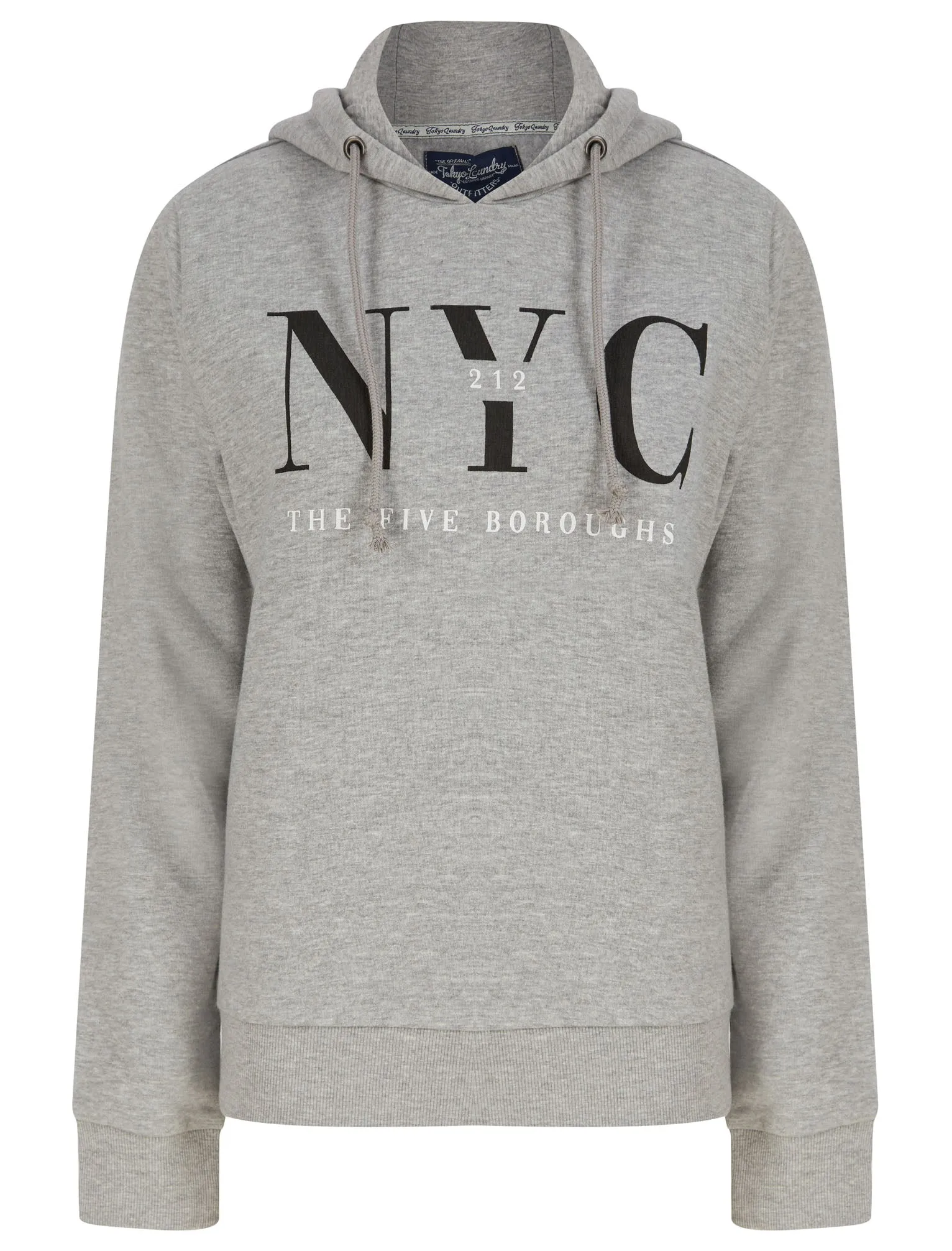 NYC Borough Motif Brushback Fleece Pullover Hoodie in Light Grey Marl - Tokyo Laundry