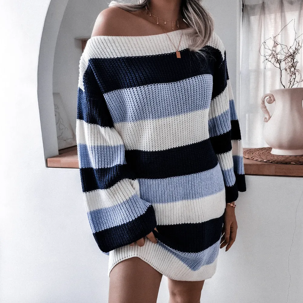 Off Shoulder Loose Contrast Striped Knitted Sweater Dress Women Wholesale