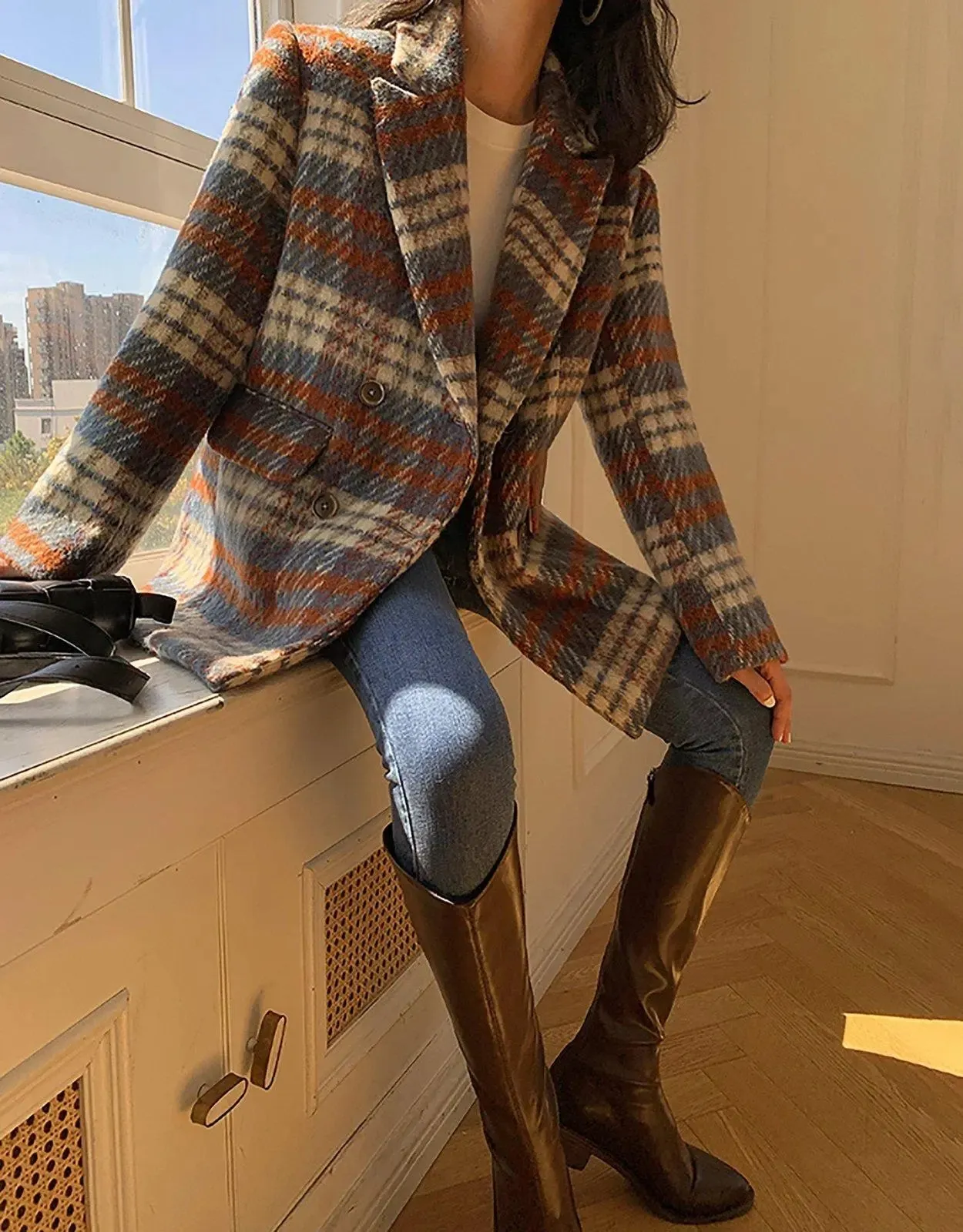 Plaid Wool Blend Double Breasted Blazer