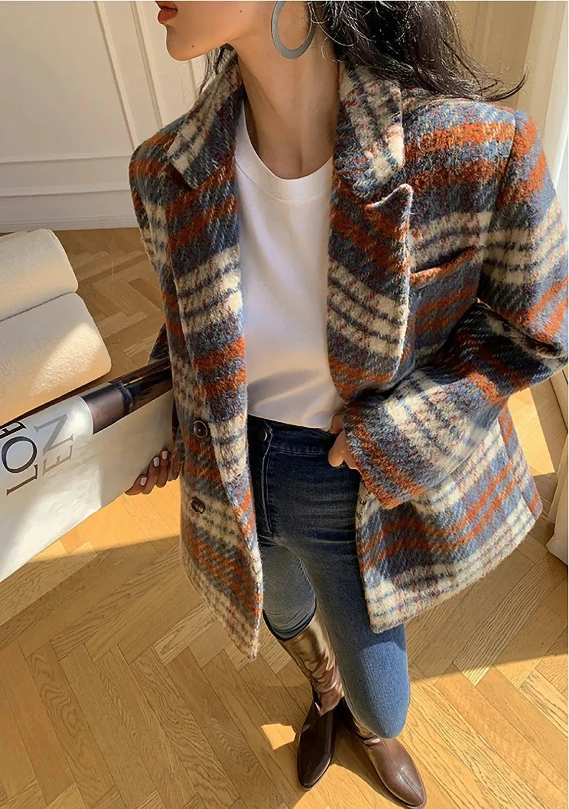 Plaid Wool Blend Double Breasted Blazer