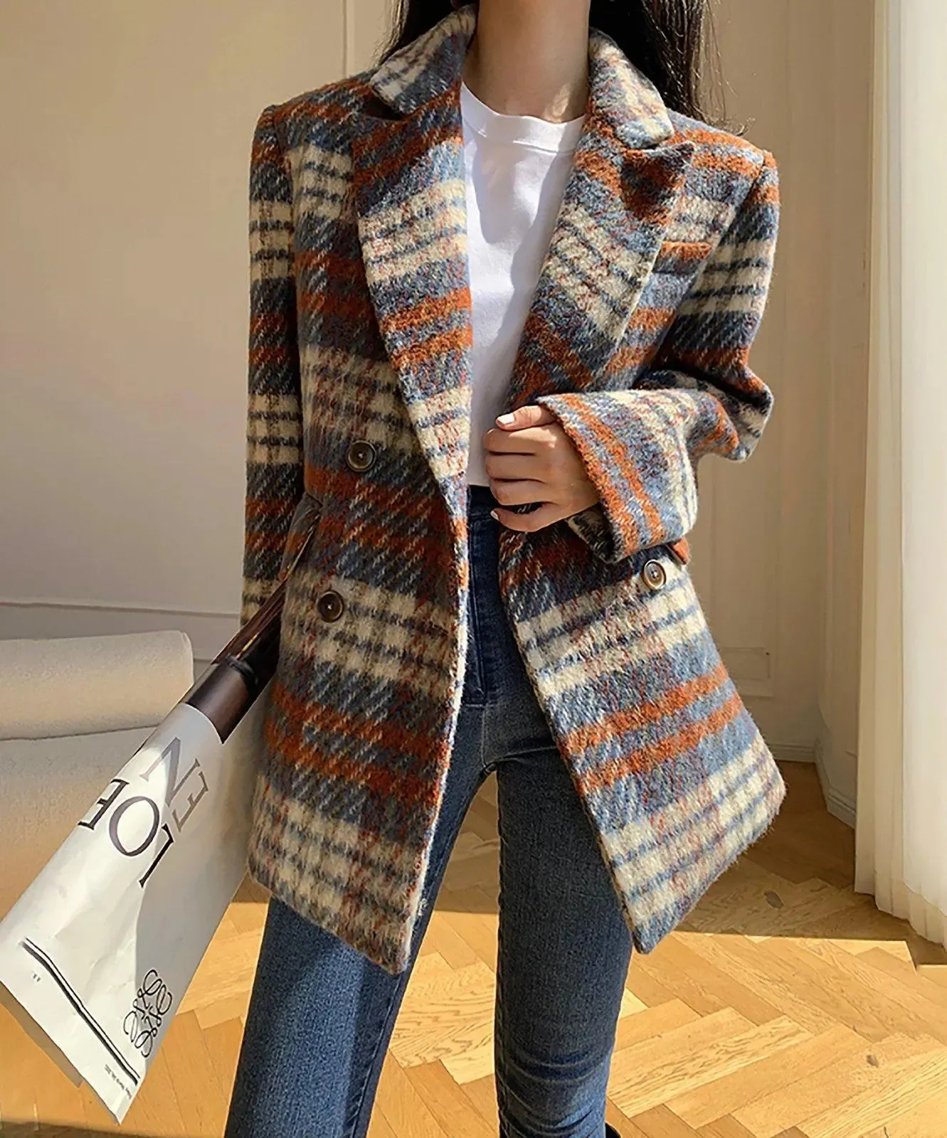 Plaid Wool Blend Double Breasted Blazer