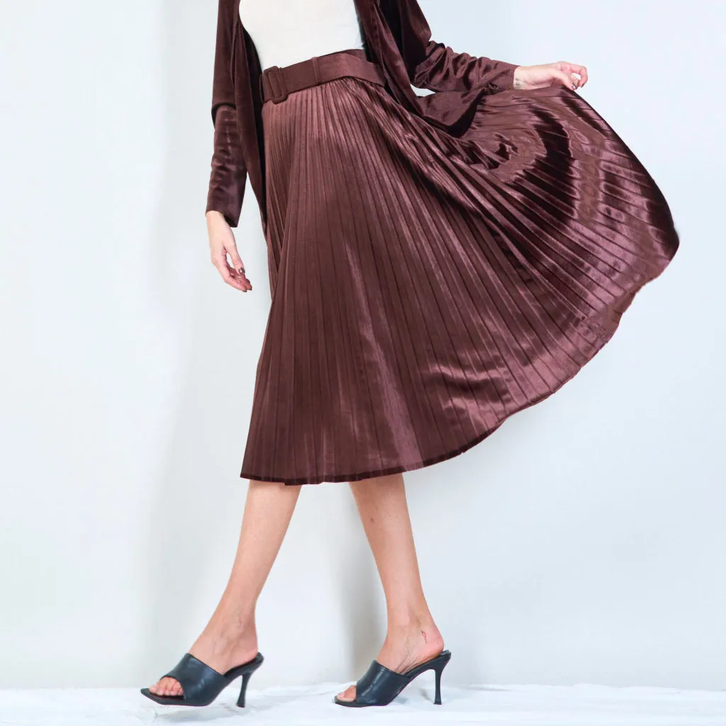 Pleated midi velvet skirt with belt wholesale