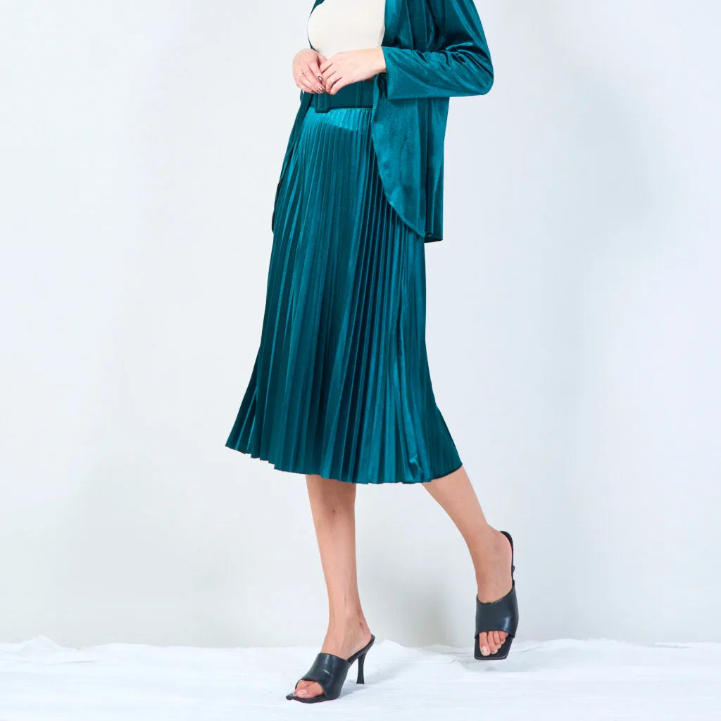 Pleated midi velvet skirt with belt wholesale