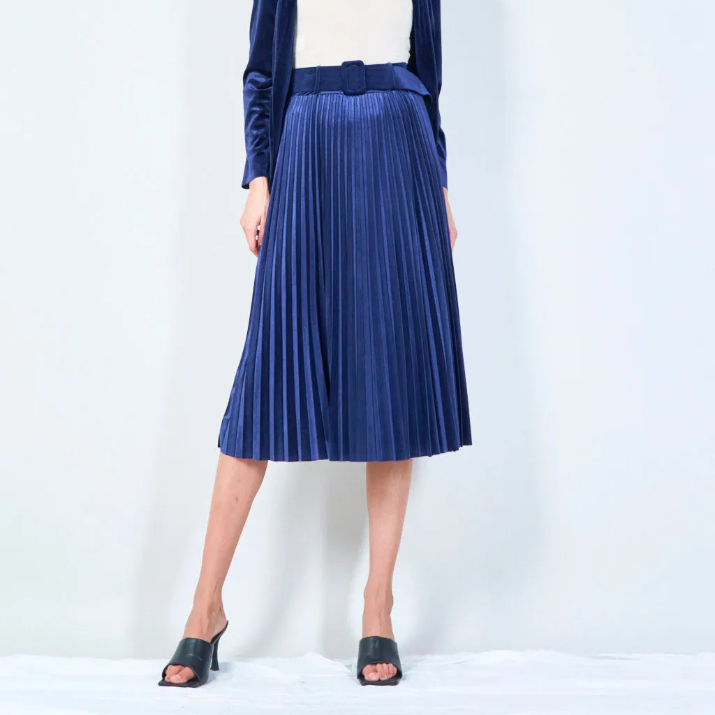 Pleated midi velvet skirt with belt wholesale