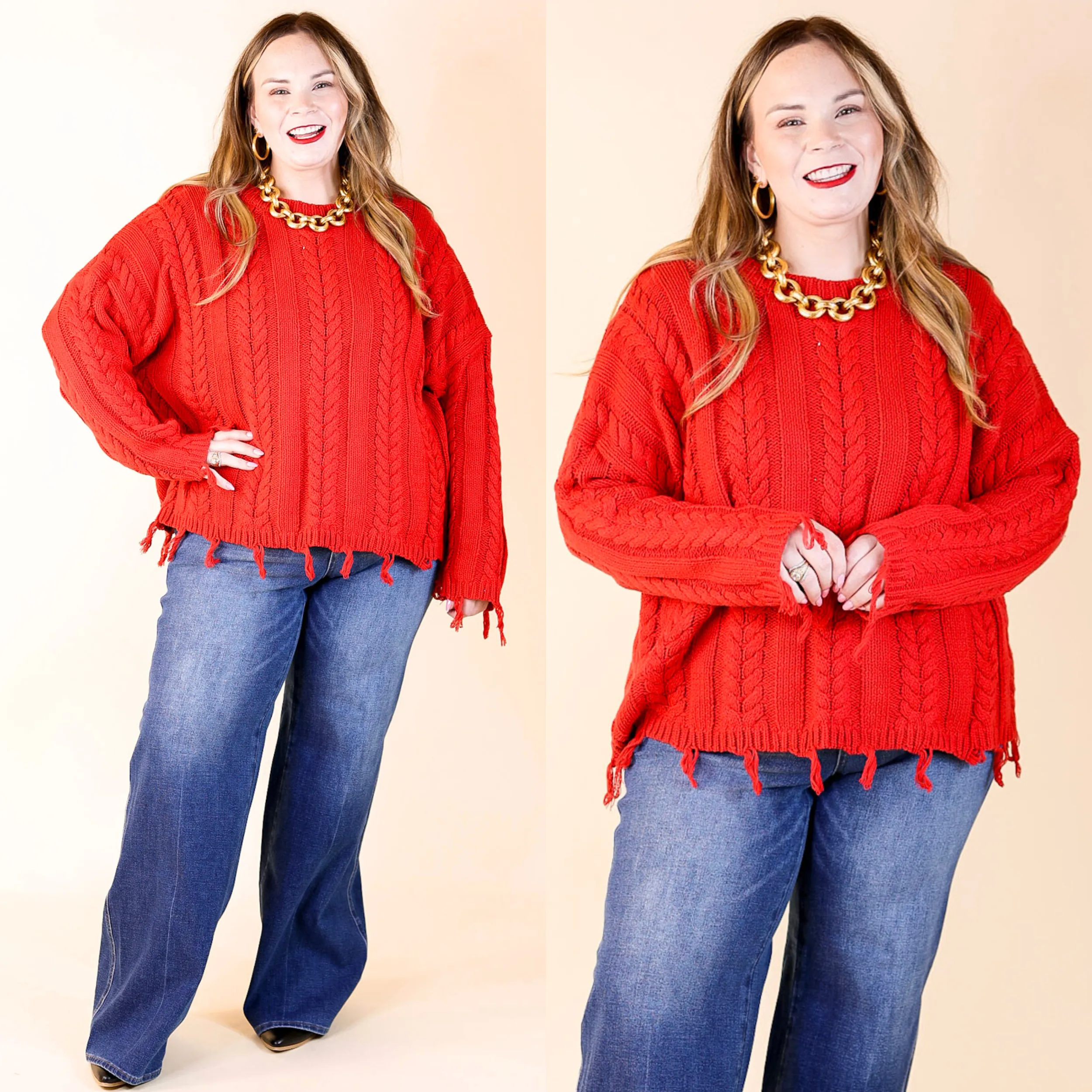 Ready Willing and Cable Knit Pullover Sweater with Frayed Hem in Red