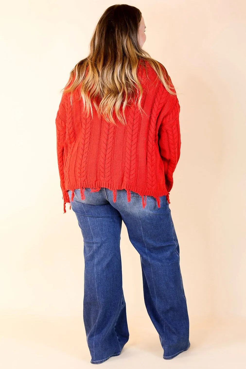 Ready Willing and Cable Knit Pullover Sweater with Frayed Hem in Red