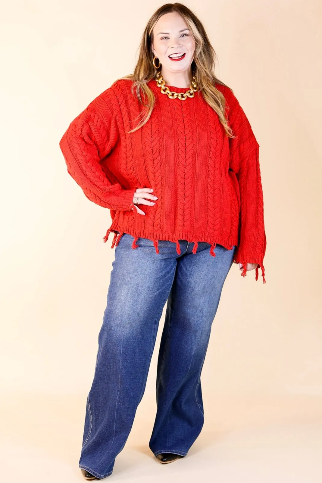 Ready Willing and Cable Knit Pullover Sweater with Frayed Hem in Red