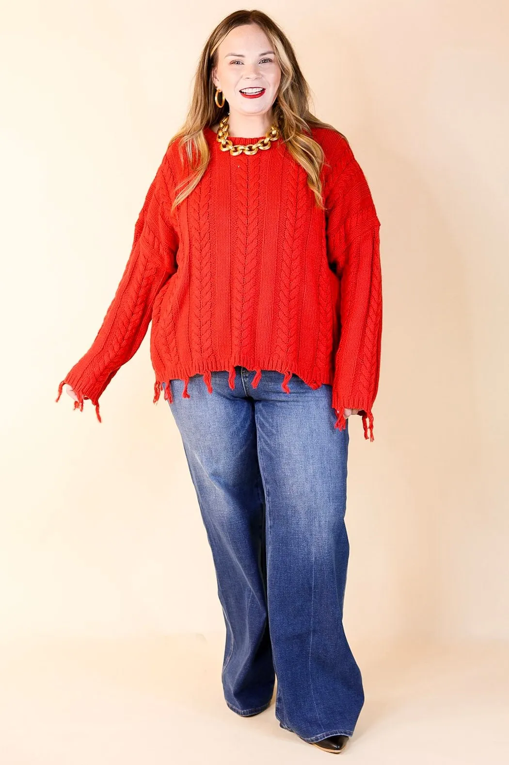 Ready Willing and Cable Knit Pullover Sweater with Frayed Hem in Red