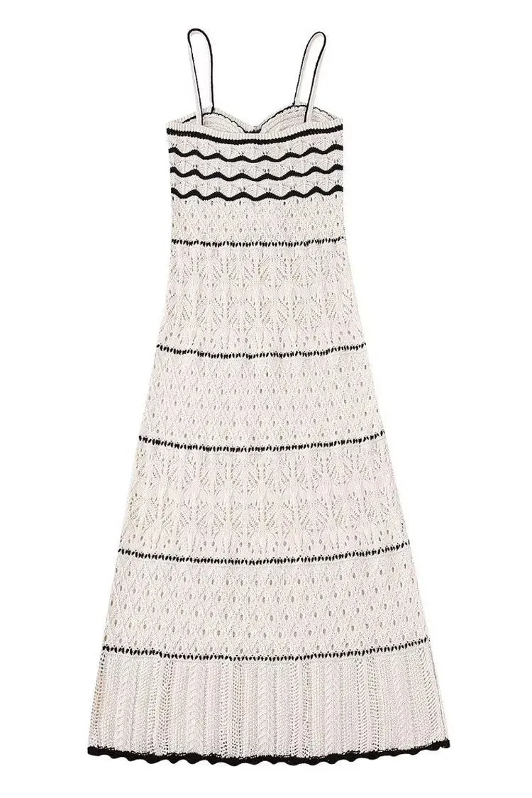 Sexy V Neck Cami Bicolor Striped Crochet Knit Midi Beach Vacation Dress - White