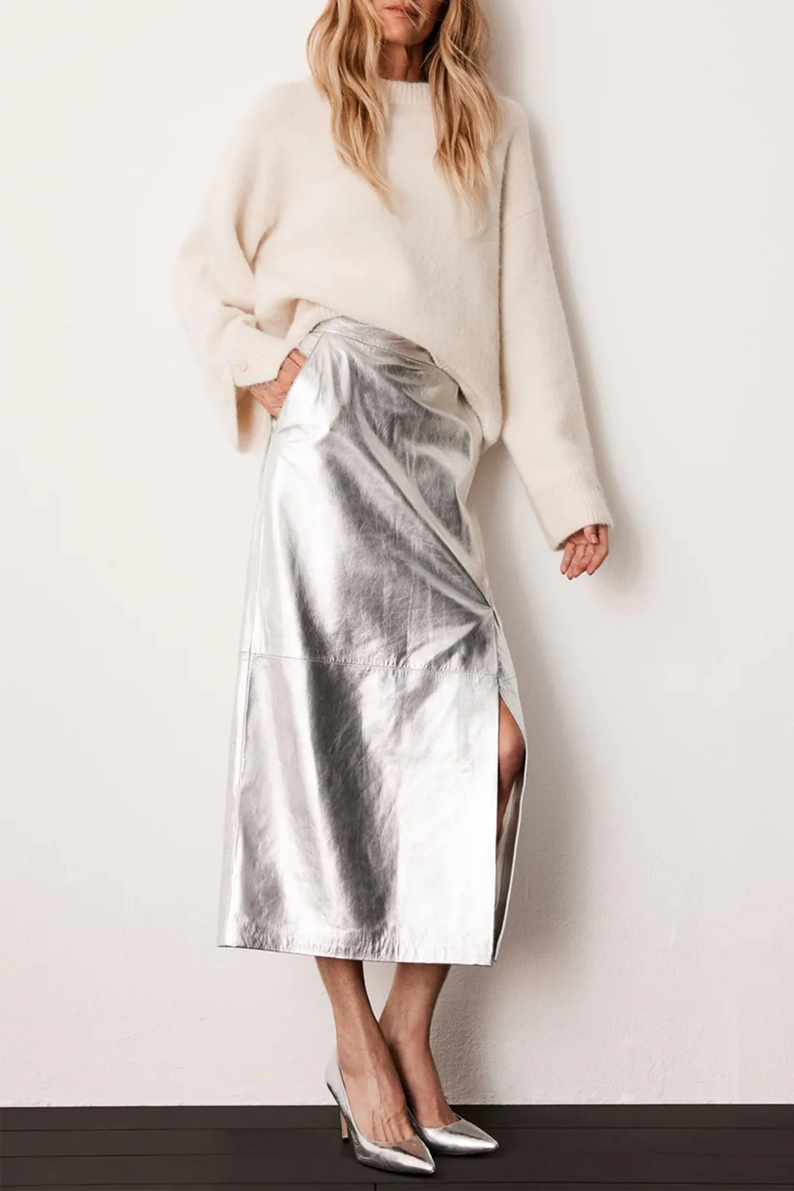 Silver Leather Midi Skirt