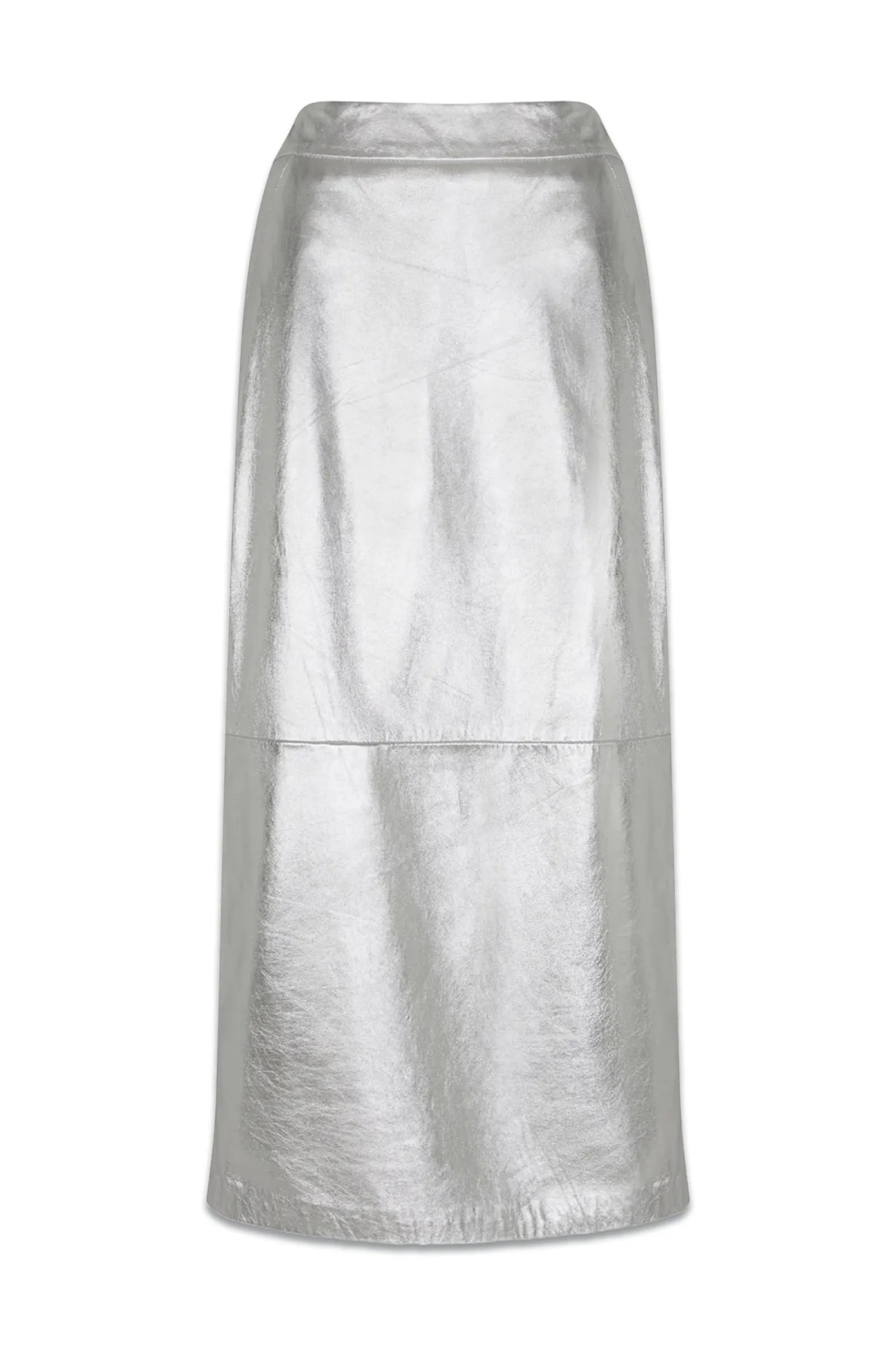 Silver Leather Midi Skirt