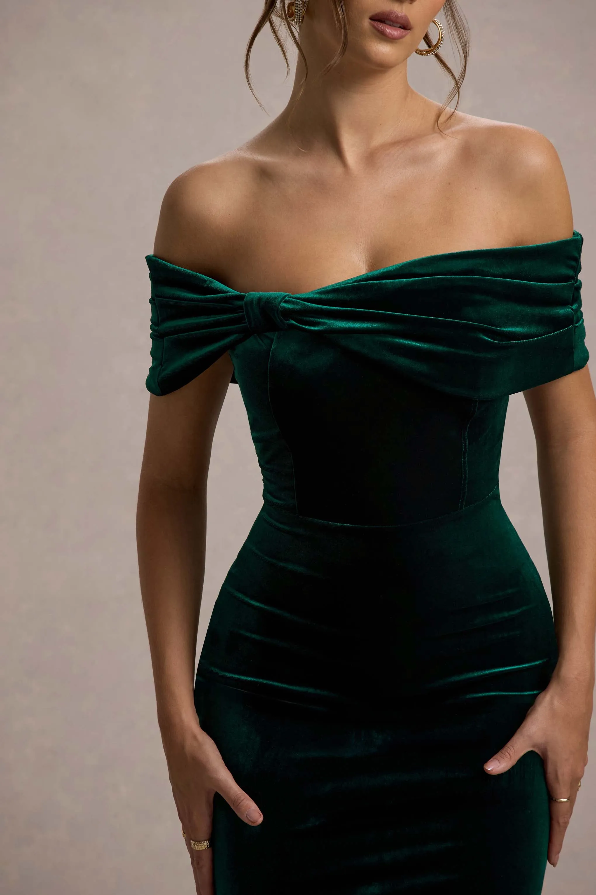 Snowflake | Bottle Green Velvet Bardot Bow Detail Midi Dress