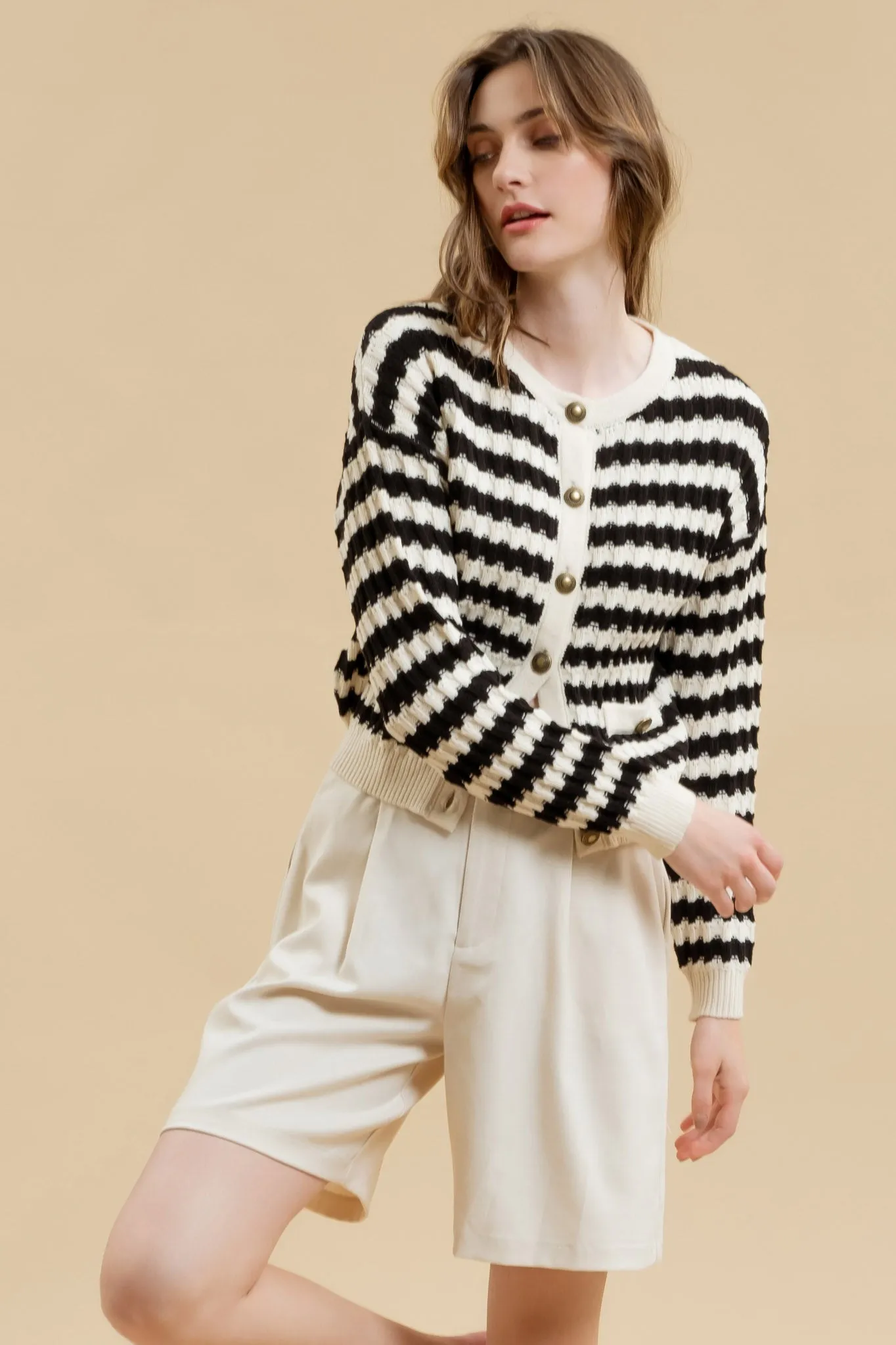 STRIPE CREW NECK KNIT CARDIGAN