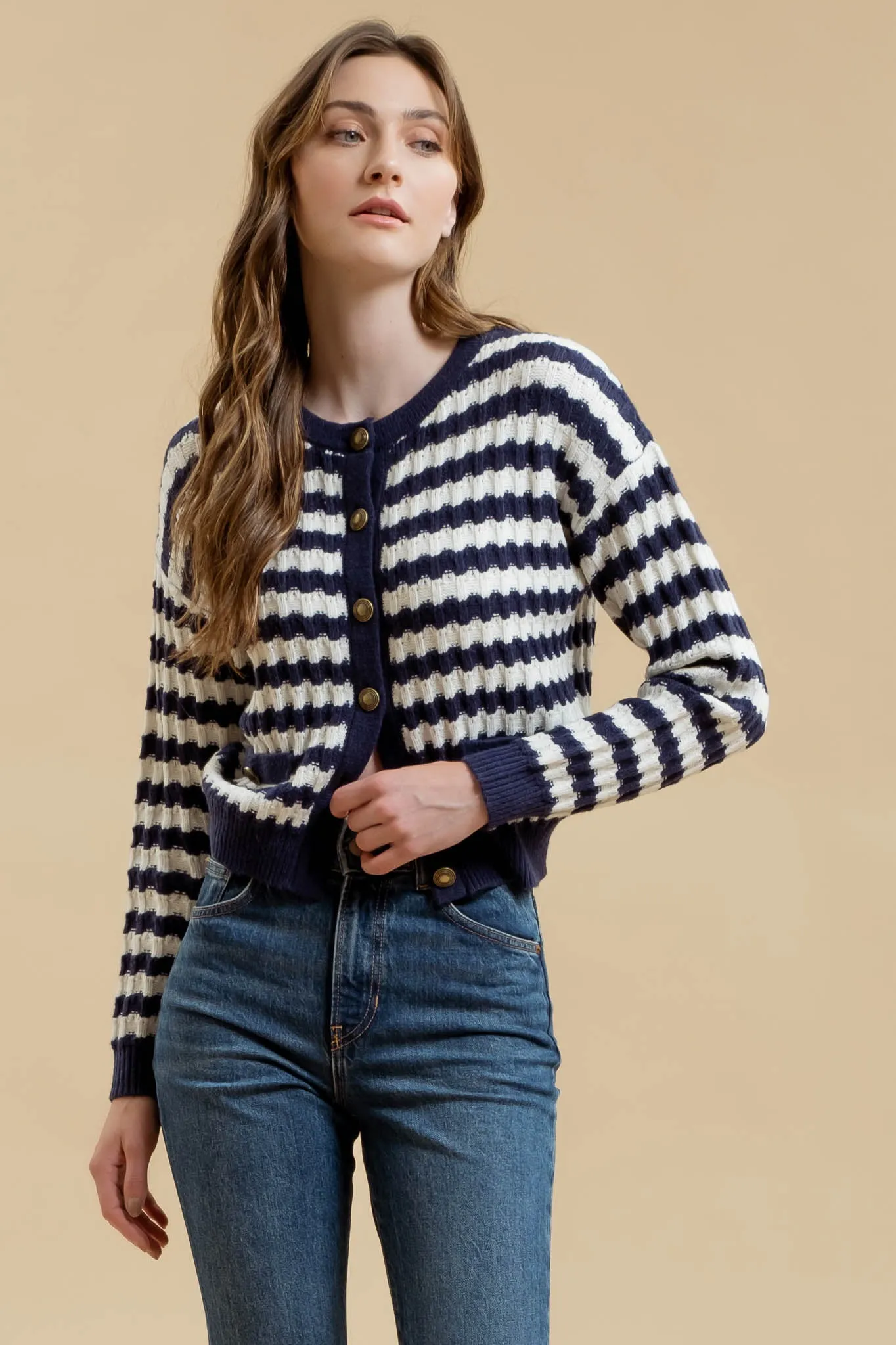 STRIPE CREW NECK KNIT CARDIGAN